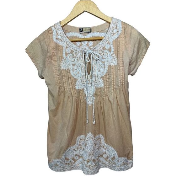 Gopi Vaid Tops - GOPI VAID Women’s Beaded & Embroidered Pleated Short Sleeve Top Tan Size Small